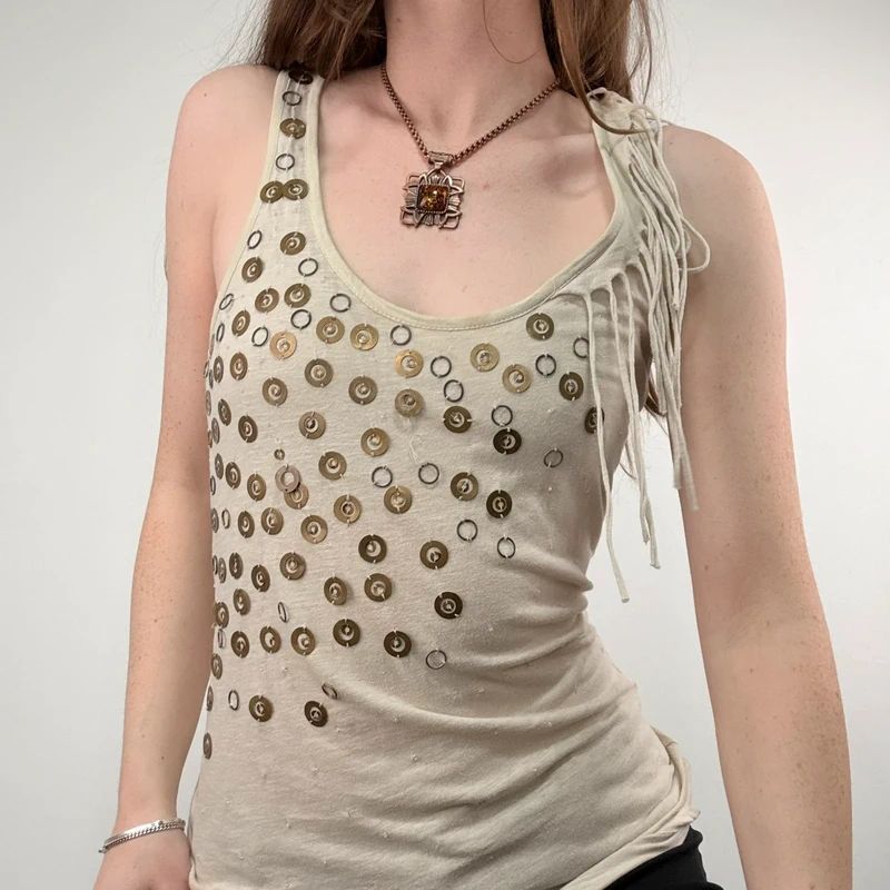 slouchy tan metal studded embelsihed vest top