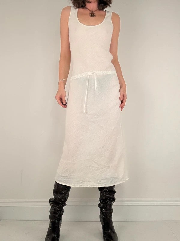 white linen bias cut drop waist maxi dress
