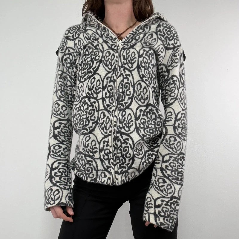 black and white slouchy patterned knit jumper, angora zip through funnel neck