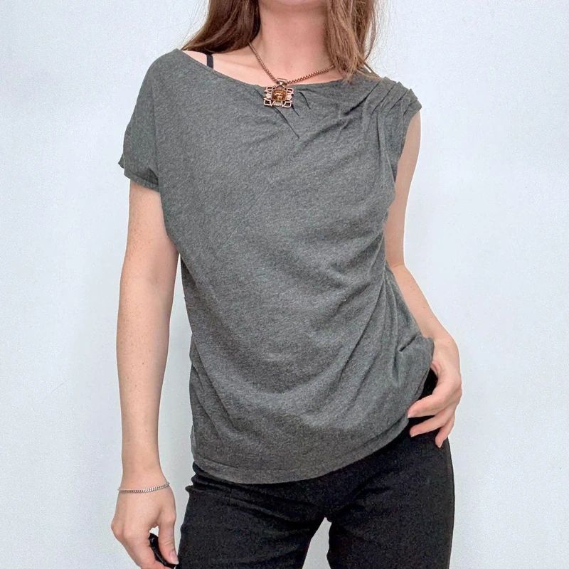 grey slouchy gathered pleated t-shirt top