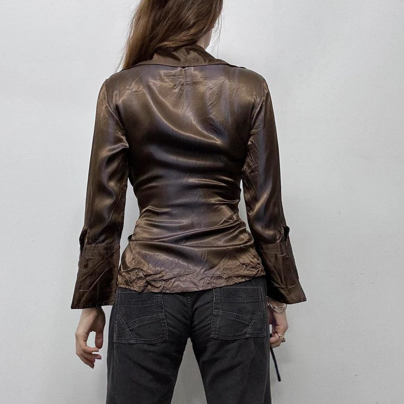 two tone brown silky wrap shirt
