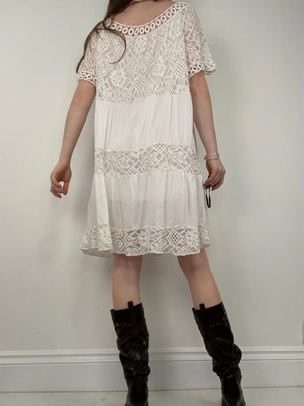 white lace layered wide neck boho dress