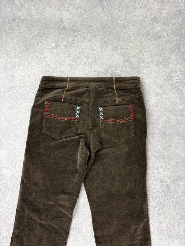 khaki corduroy embroidered hippy capri trousers