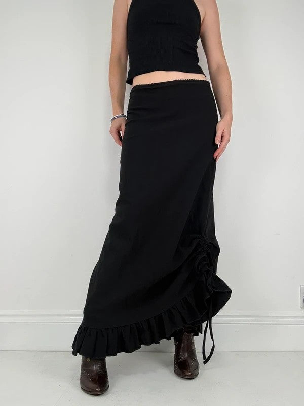 Low waisted black cinched ruffle maxi skirt