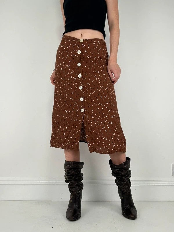 Brown polkadot button Rouje midi skirt