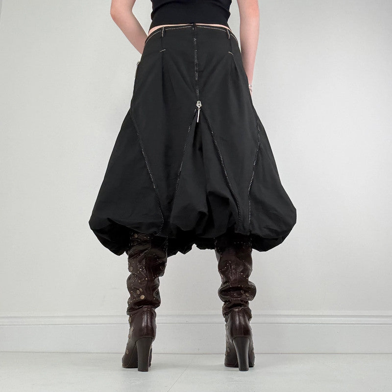 Black structured puff zip midi skirt