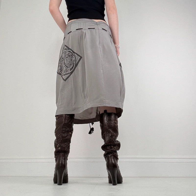 grey pleated puff graphic midi skirt