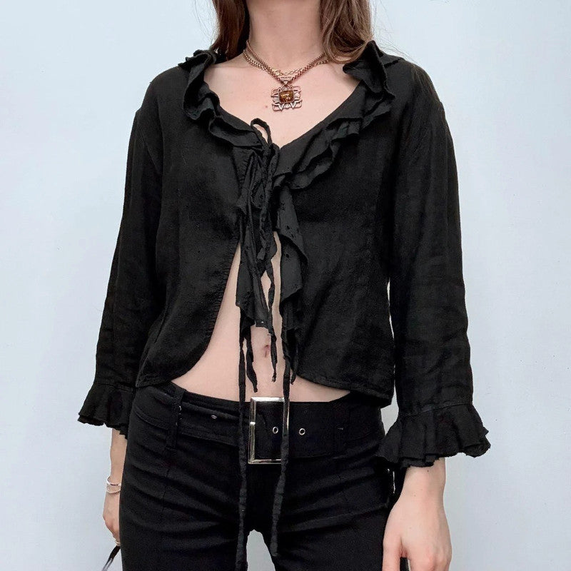 black ruffle linen flared tie up ruffle shirt
