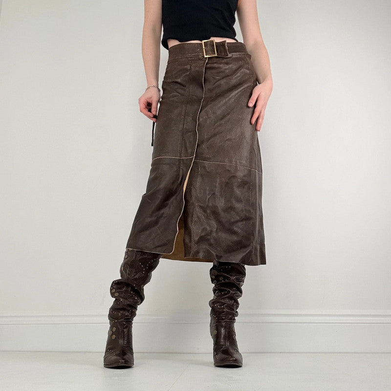 chocolate brown leather a-line midi skirt