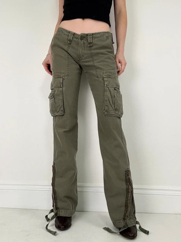 Low rise khaki flared cargo utility trousers