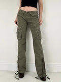 Low rise khaki flared cargo utility trousers