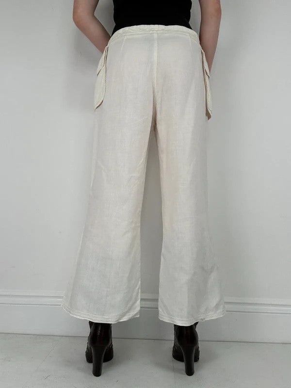 white linen flared utility button trousers