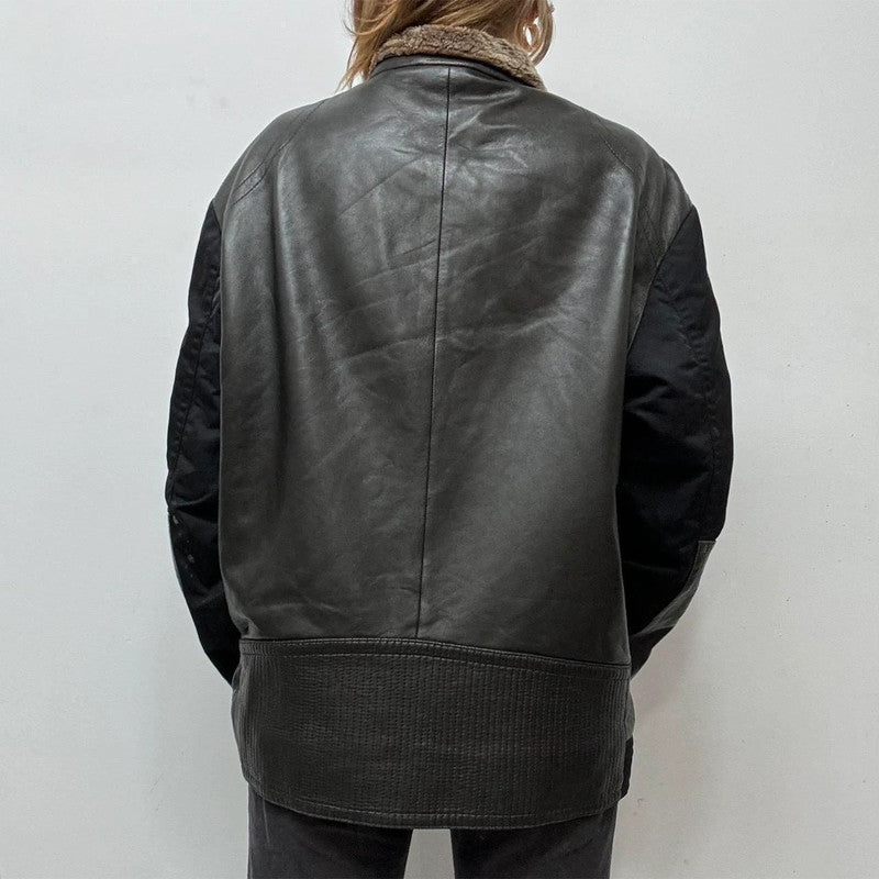 oversized black leather Aviator jacket