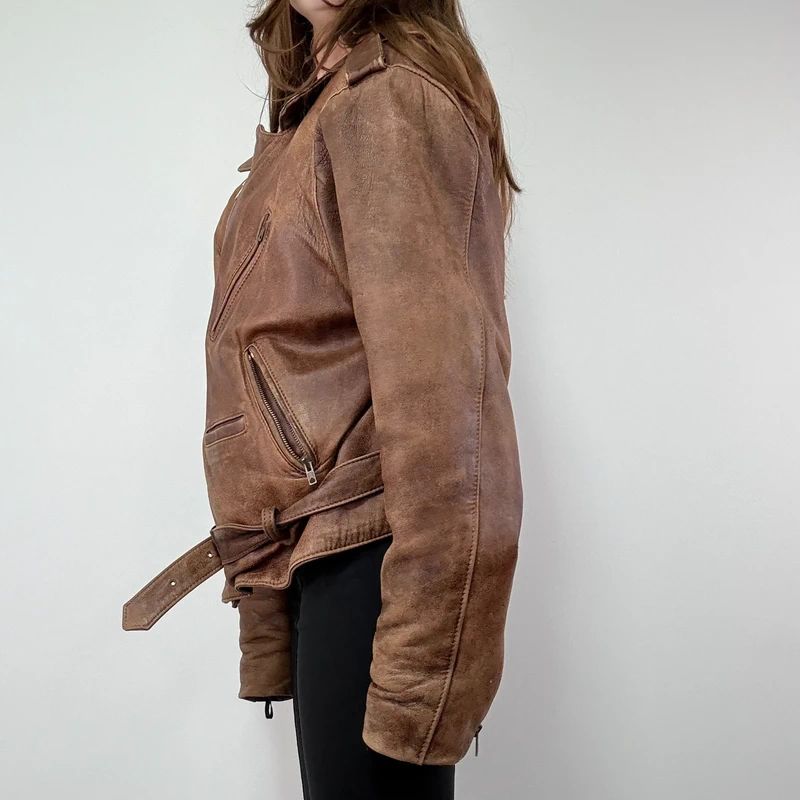 Oversized Brown leather Slouchy Biker Jacket