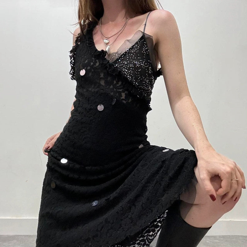 black lace beaded bias cut dress