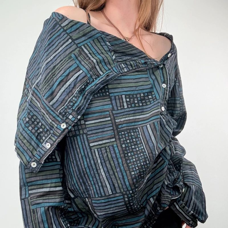 Asymmetric fold over draped checked pinstripe Shirt