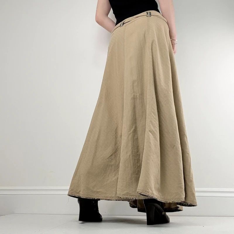 tan linen flared maxi skirt