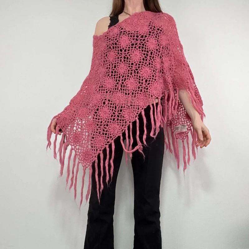 pink sheer knit crochet poncho