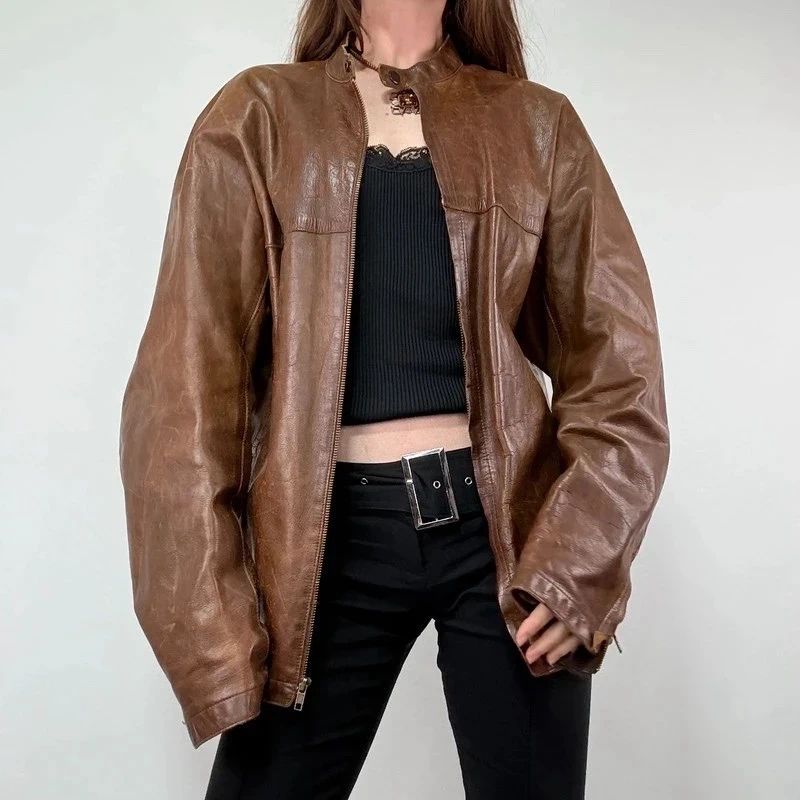 Brown Oversized Leather Bomber Jacket