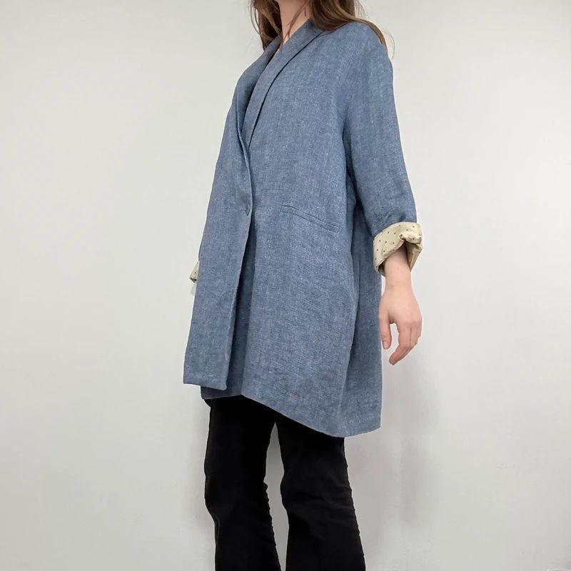 blue linen slouchy oversized long blazer