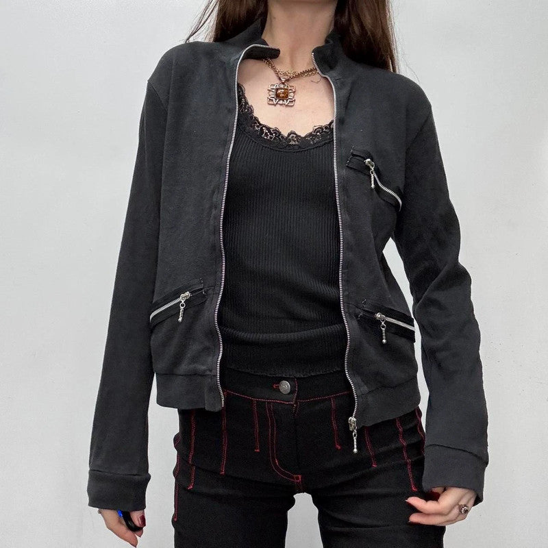 black fitted slouchy zip cardigan