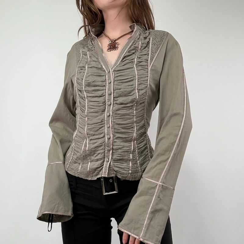 Khaki Gathered Lace Corset Shirt