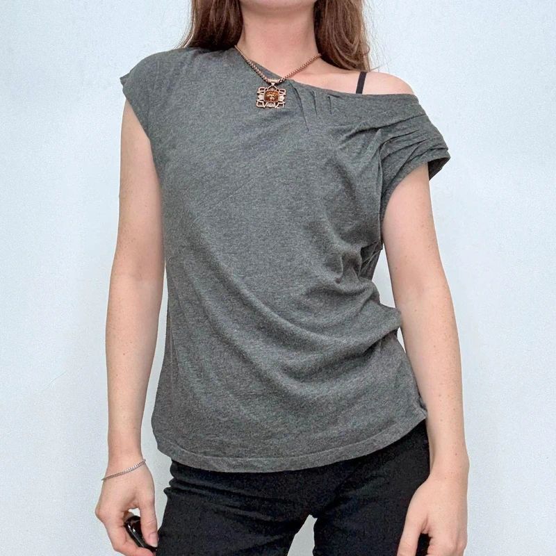 grey slouchy gathered pleated t-shirt top