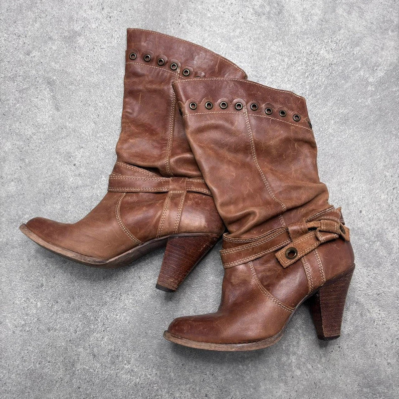 tan leather slouchy studded boots