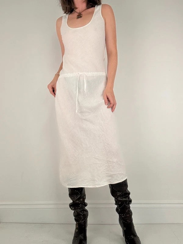 white linen bias cut drop waist maxi dress