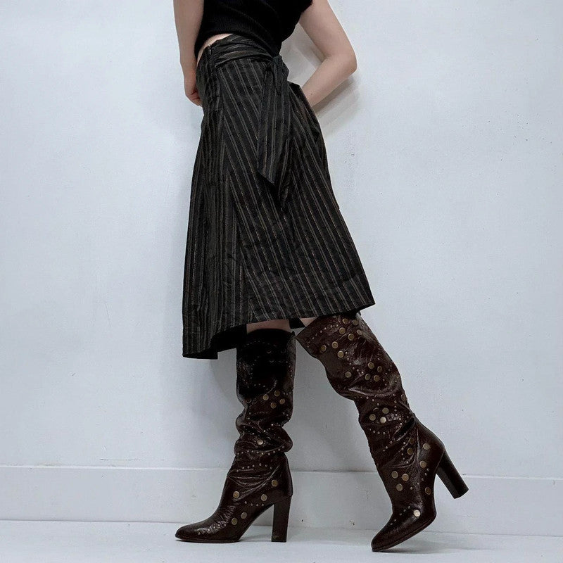 black pinstripe flared midi skirt