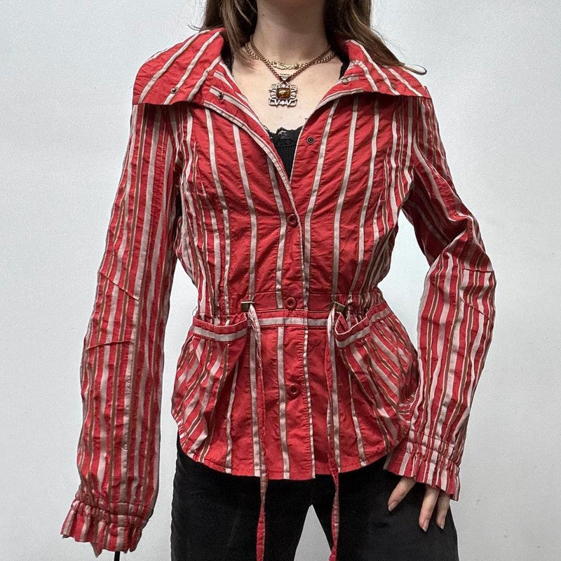 Red pinstripe fitted shirt jacket
