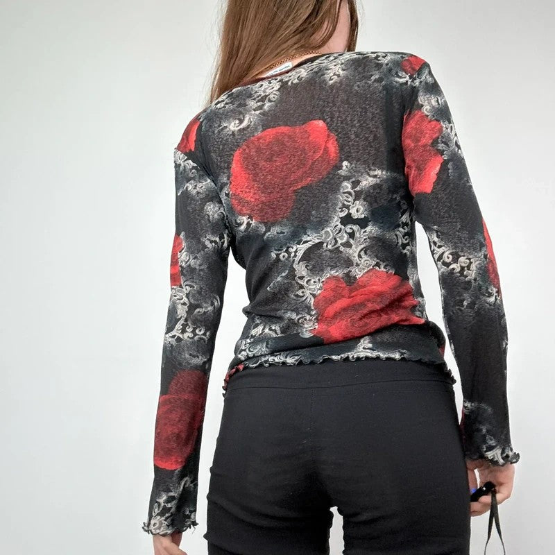 distressed floral rose print long sleeve mesh t-shirt
