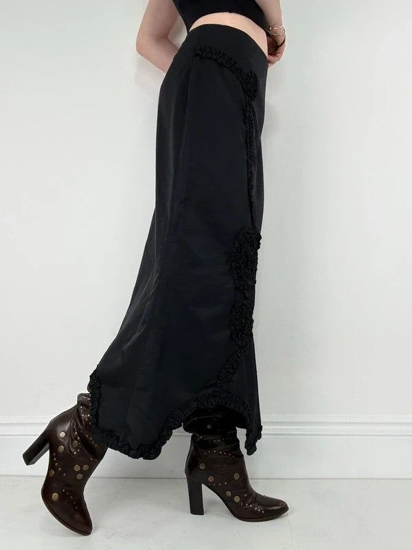 asymmetric black pleated gathered ribbon maxi skirt