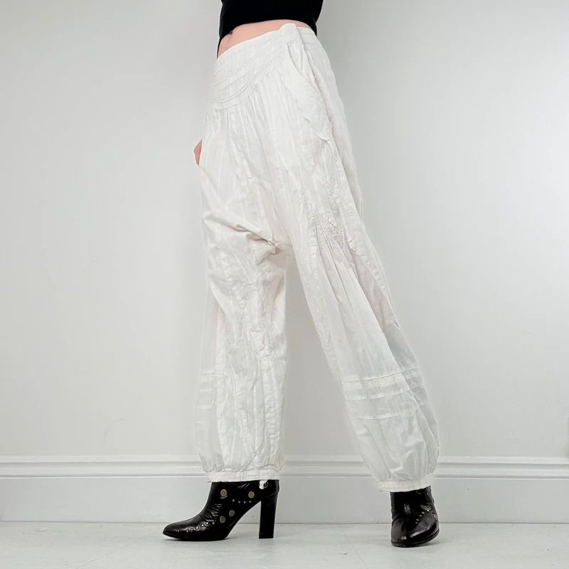 white cotton pleated puff bloomer trousers