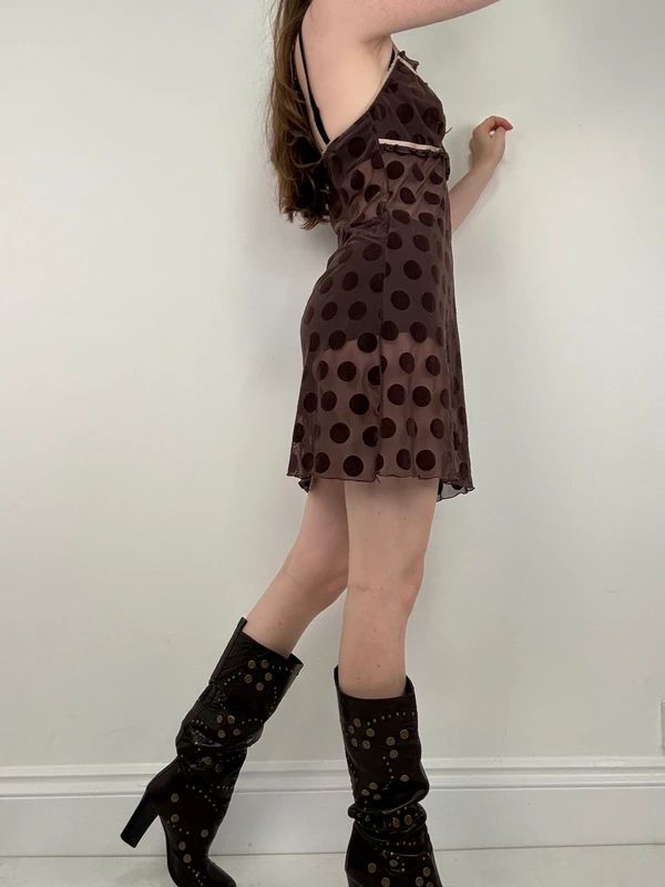 brown polkadot sheer mini slip dress