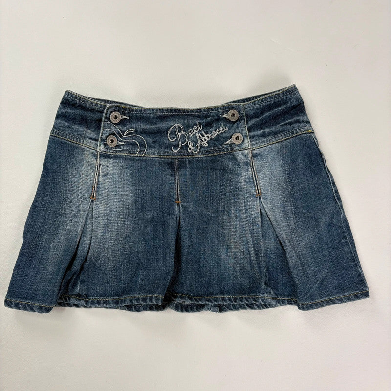 pleated flared distressed embroidered denim mini skirt
