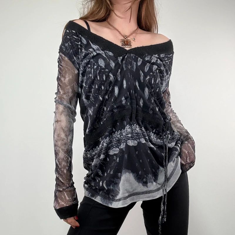 Slouchy wide neck Mohair printed Top