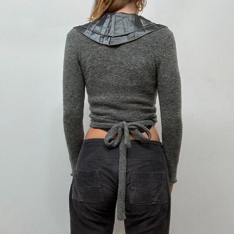 knitted cross-over frilly lace croped cardi