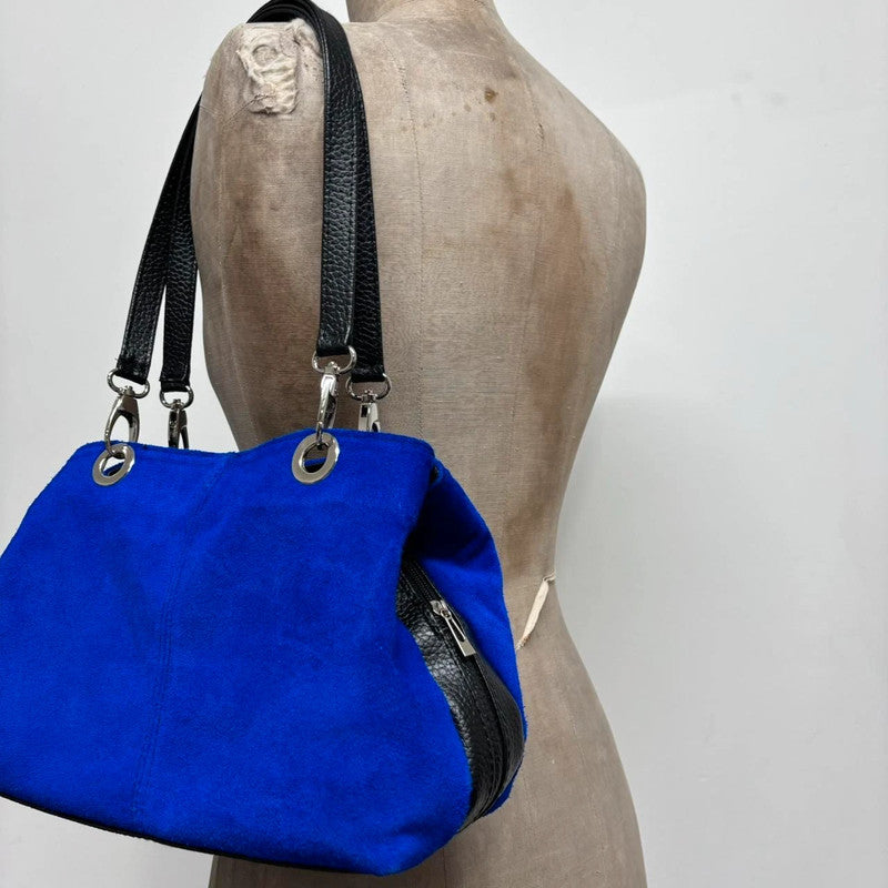 blue suede shoulder bag
