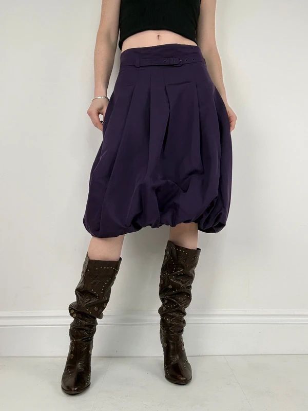 pleated puff balloon purple midi silk cotton skirt