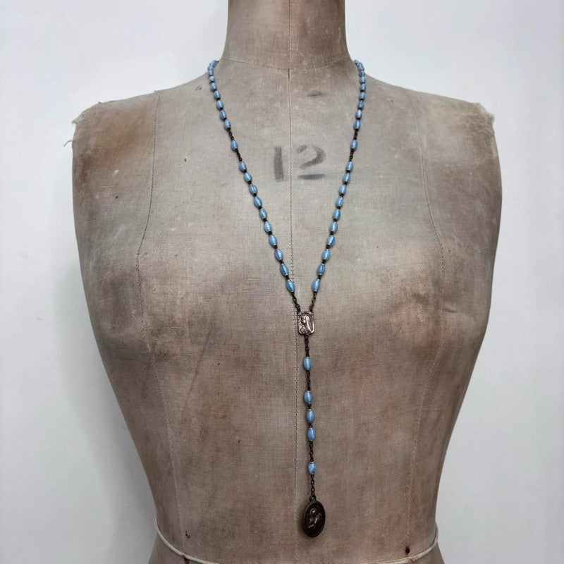 blue long rosary necklace