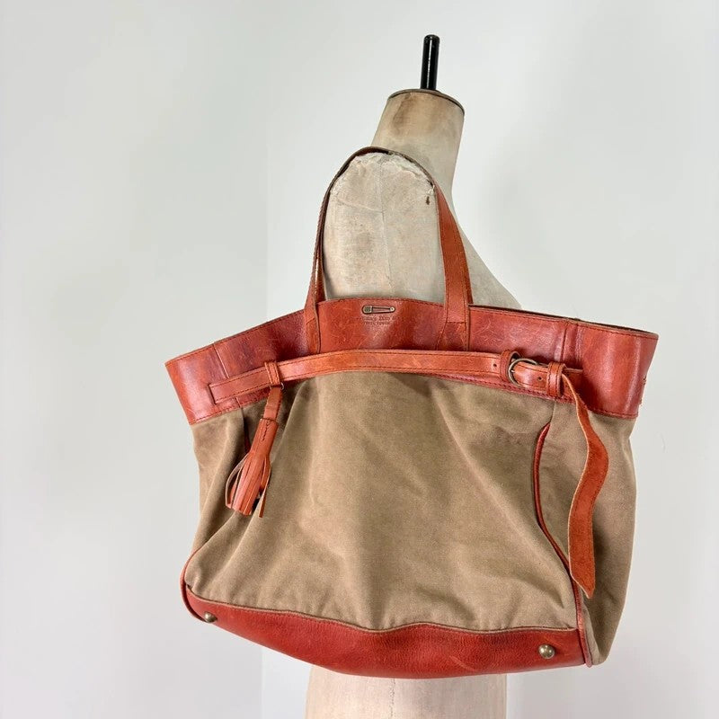 Slouchy oversized leather and canvas shoulder bag