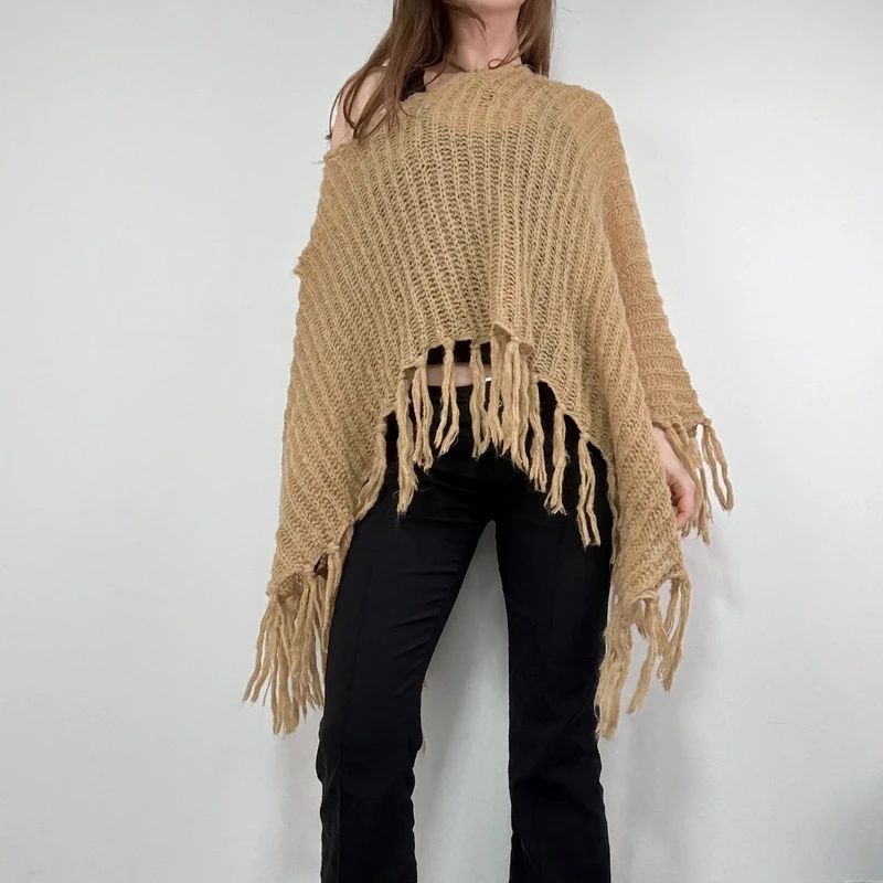 tan sheer knit crochet poncho