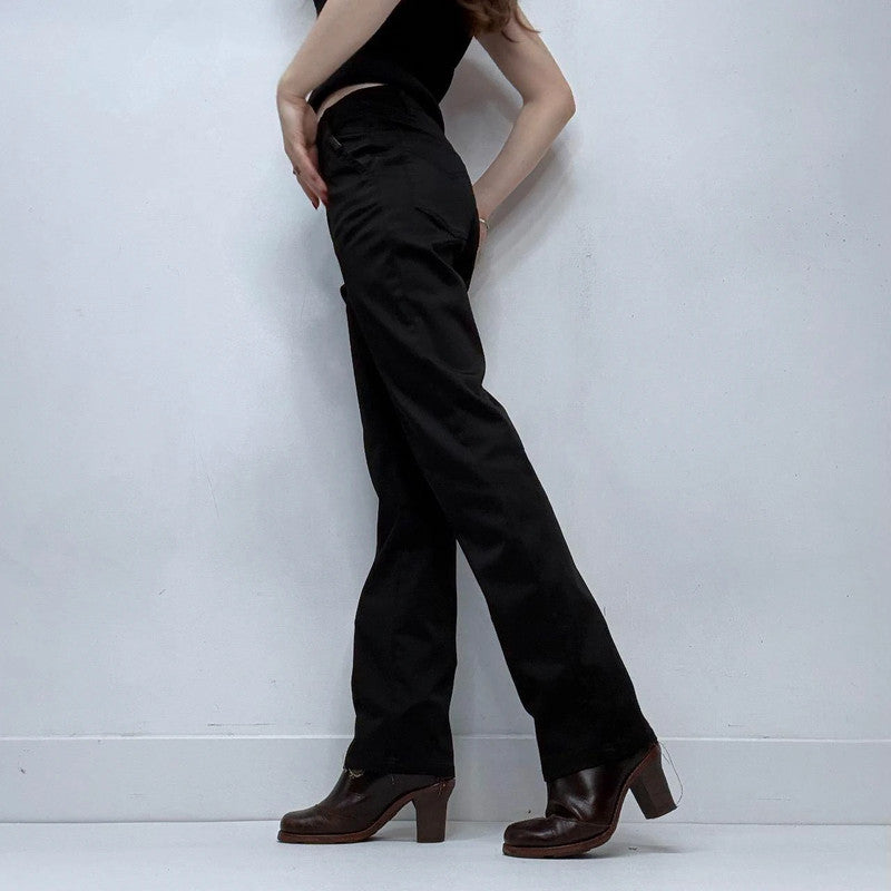 black zip front straight leg trousers