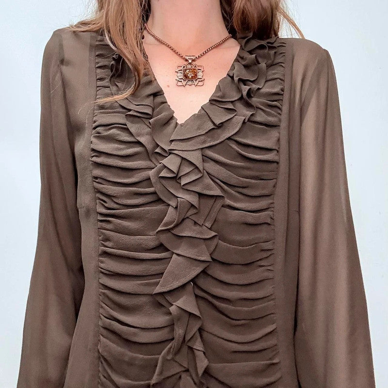 sheer brown silky gathered ruffle shirt