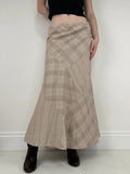 beige linen tartan flared checked maxi skirt