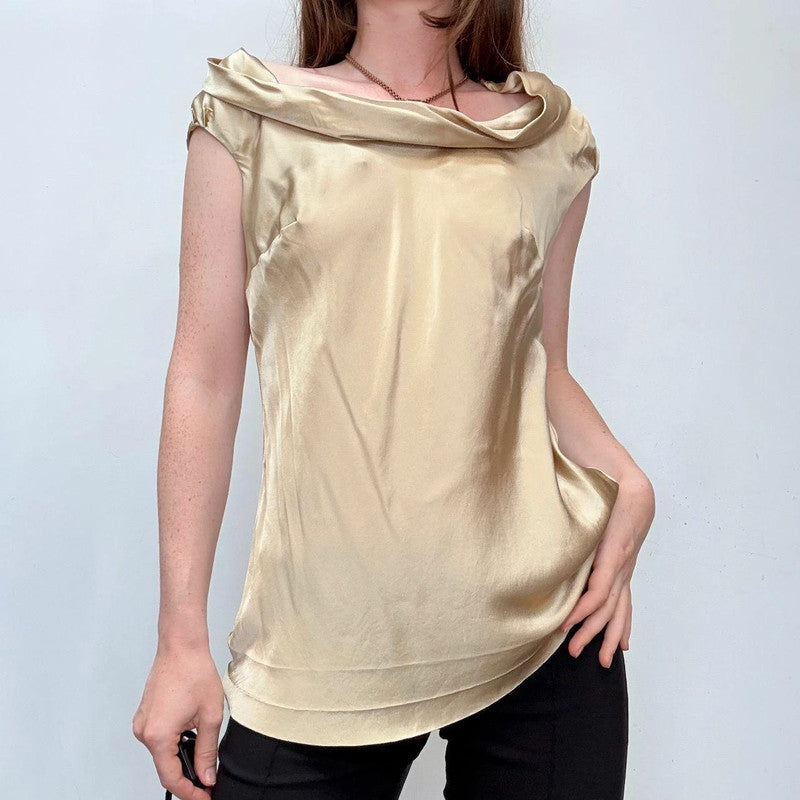gold silk bias cut flutter vest top