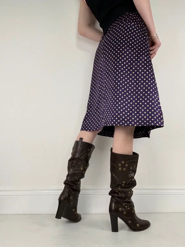 pleated silk polkadot flared midi skirt