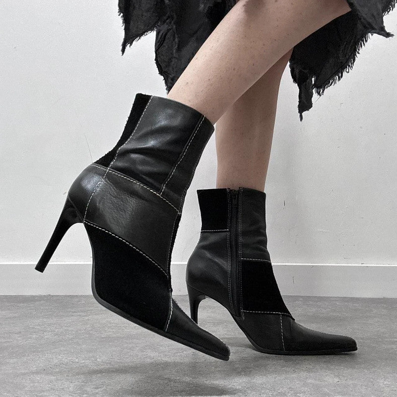 patchwork black suede heel boots