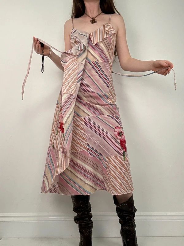 pink pinstripe flared ruffle maxi dress